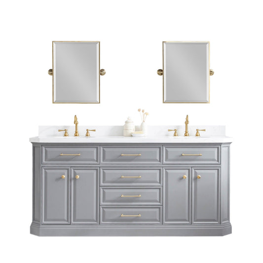 Water Creation PA72QZ06CG-E18000000 PALACE 72"W x 34"H Cashmere Gray Vanity with Carrara Quartz Countertop + Mirrors, Satin Gold Finish Hardware & Chrome Finish Mirror (B)