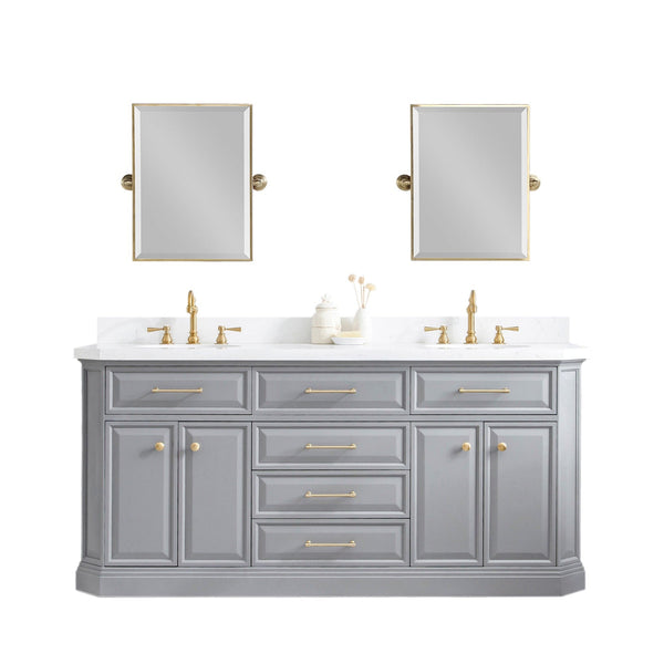 Water Creation PA72QZ06CG-E18000000 PALACE 72W x 34H Cashmere Gray Vanity with Carrara Quartz Countertop + Mirrors, Satin Gold Finish Hardware & Chrome Finish Mirror (B)