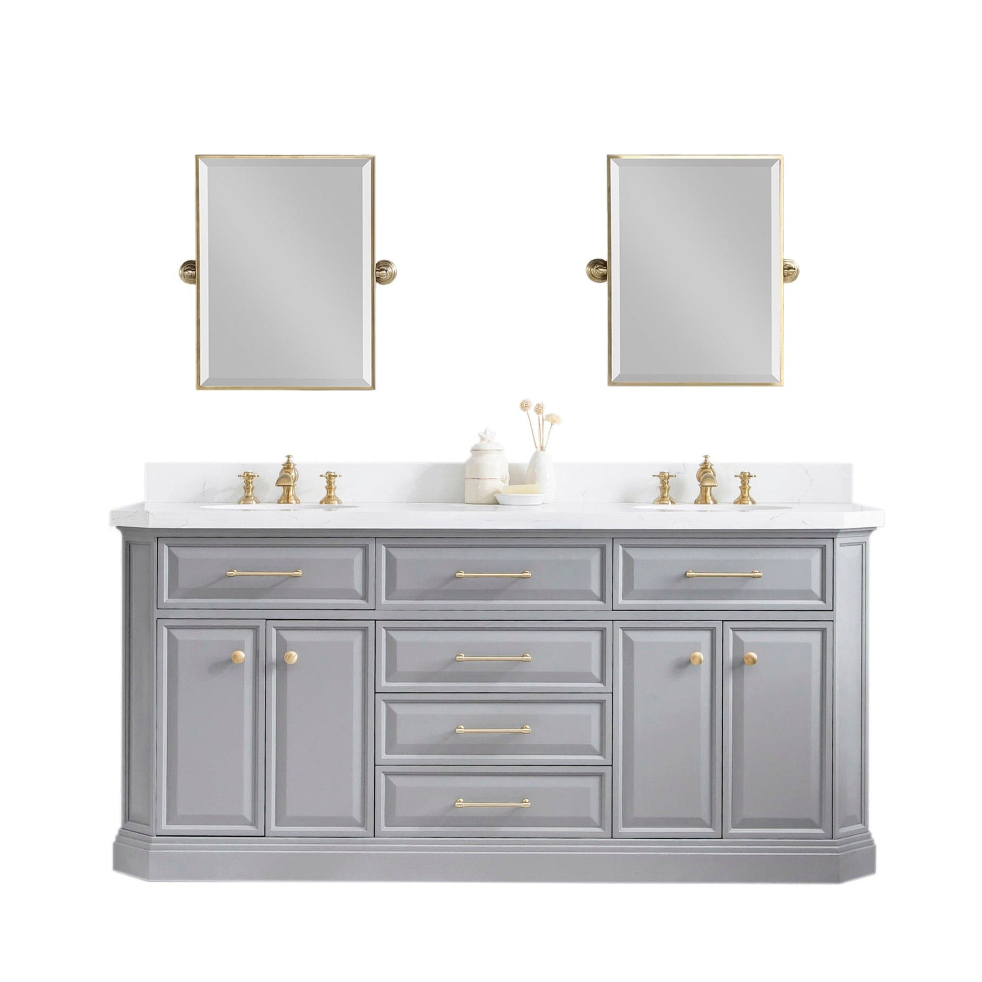 Water Creation PA72QZ06CG-E18FX1306 PALACE 72"W x 34"H Cashmere Gray Vanity with Carrara Quartz Countertop + Faucets & Mirrors (F2-0013), Satin Gold Finish Hardware & Chrome Finish Mirror (B)