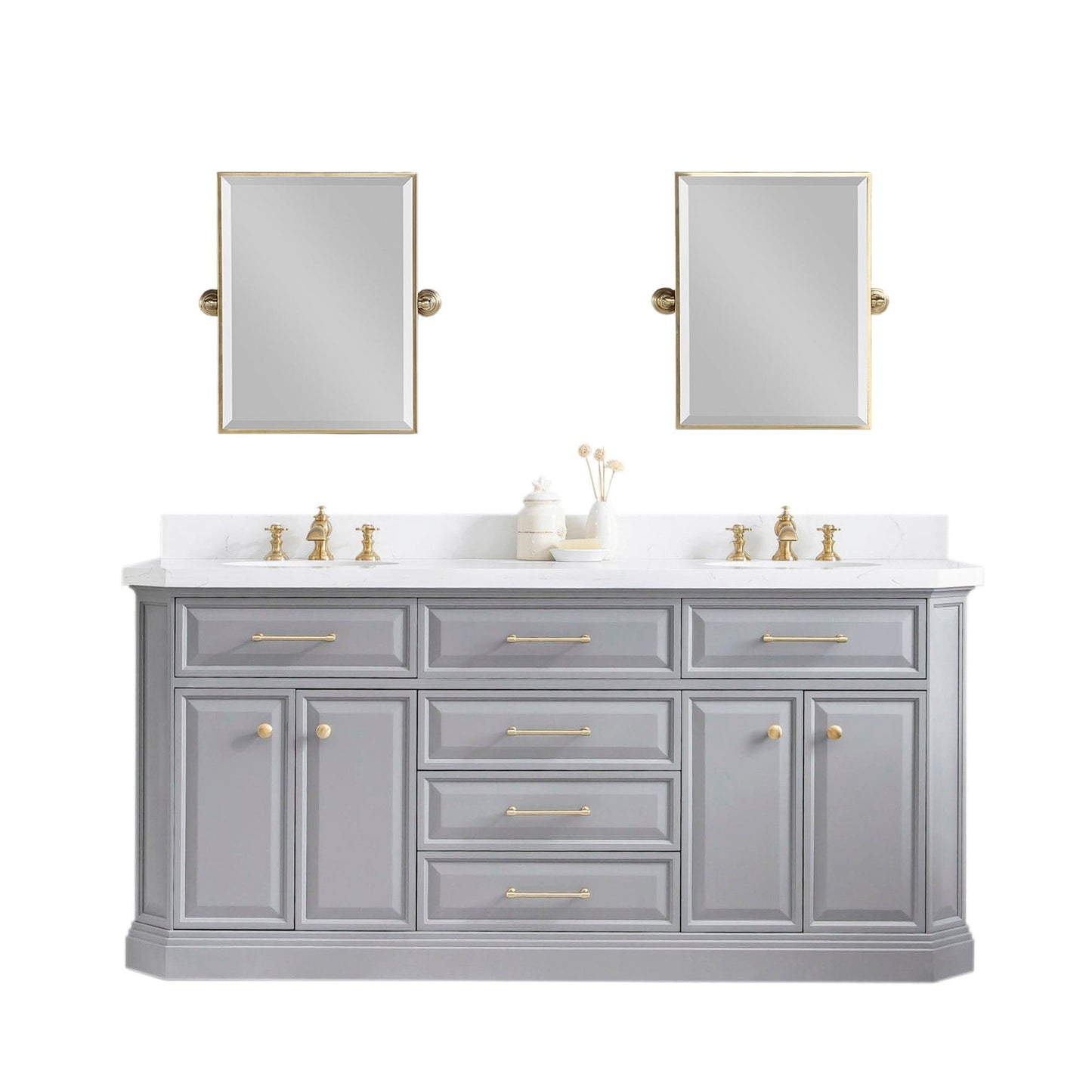 Water Creation PA72QZ06CG-E18FX1306 PALACE 72"W x 34"H Cashmere Gray Vanity with Carrara Quartz Countertop + Faucets & Mirrors (F2-0013), Satin Gold Finish Hardware & Chrome Finish Mirror (B)