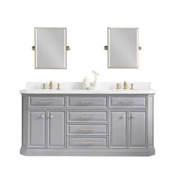 Water Creation PA72QZ06CG-E18FX1306 PALACE 72W x 34H Cashmere Gray Vanity with Carrara Quartz Countertop + Faucets & Mirrors (F2-0013), Satin Gold Finish Hardware & Chrome Finish Mirror (B)