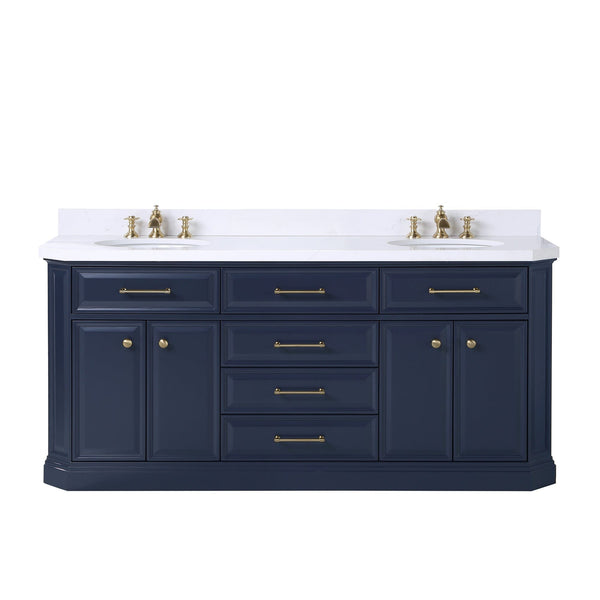 Water Creation PA72QZ06MB-000FX1306 PALACE 72W x 34.2H Monarch Blue Double-Sink Vanity with White Quartz Countertop + Faucets (Waterfall Faucets)