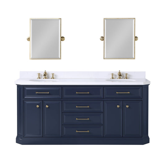 Water Creation PA72QZ06MB-E18FX1306 PALACE 72"W x 34.2"H Monarch Blue Double-Sink Vanity with White Quartz Countertop + Faucets & Mirrors (Waterfall Faucets)