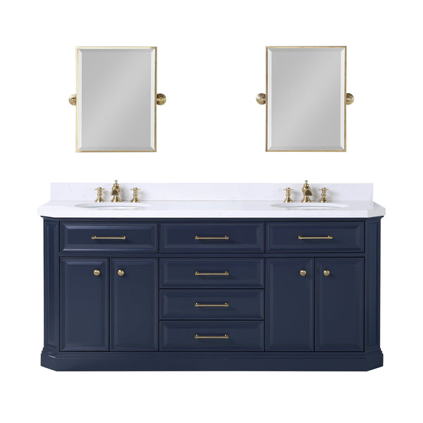 Water Creation PA72QZ06MB-E18FX1306 PALACE 72W x 34.2H Monarch Blue Double-Sink Vanity with White Quartz Countertop + Faucets & Mirrors (Waterfall Faucets)