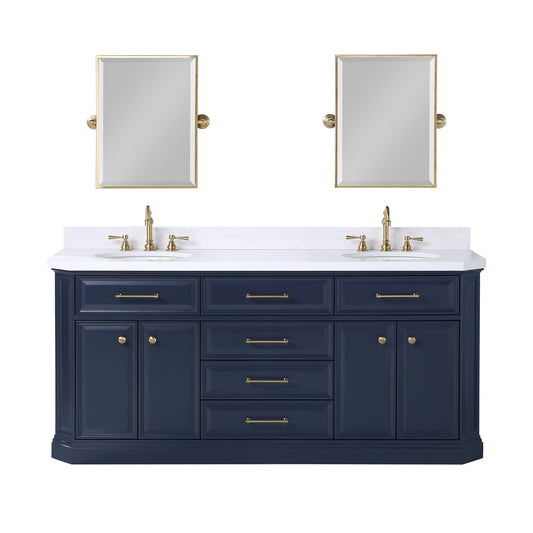 Water Creation PA72QZ06MB-E18TL1206 PALACE 72"W x 34.2"H Monarch Blue Double-Sink Vanity with White Quartz Countertop + Faucets & Mirrors (Hook Faucets)