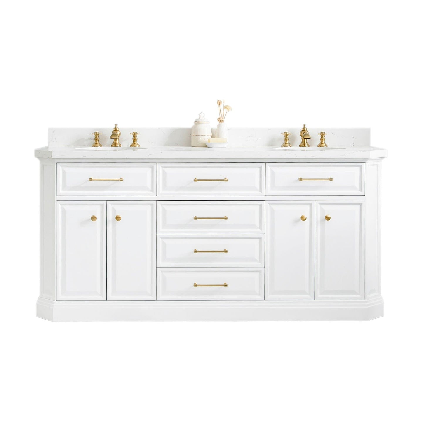 Water Creation PA72QZ06PW-000000000 PALACE 72"W x 34"H Pure White Vanity with Carrara Quartz Countertop + Mirrors, Satin Gold Finish Hardware & Chrome Finish Mirror (A)