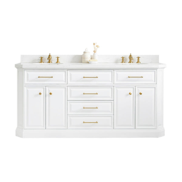 Water Creation PA72QZ06PW-000000000 PALACE 72W x 34H Pure White Vanity with Carrara Quartz Countertop + Mirrors, Satin Gold Finish Hardware & Chrome Finish Mirror (A)