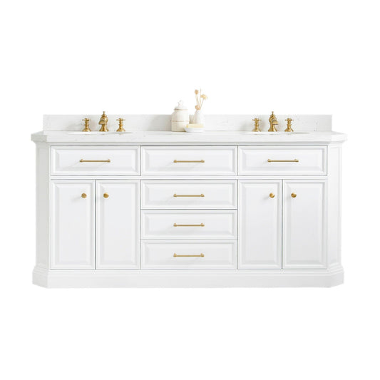 Water Creation PA72QZ06PW-000FX1306 PALACE 72"W x 34"H Pure White Vanity with Carrara Quartz Countertop + Faucets & Mirrors (F2-0013), Satin Gold Finish Hardware & Chrome Finish Mirror (A)