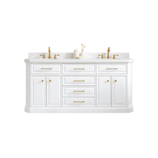 Water Creation PA72QZ06PW-000TL1206 PALACE 72"W x 34"H Pure White Vanity with Carrara Quartz Countertop + Faucets & Mirrors (F2-0012), Satin Gold Finish Hardware & Chrome Finish Mirror (A)