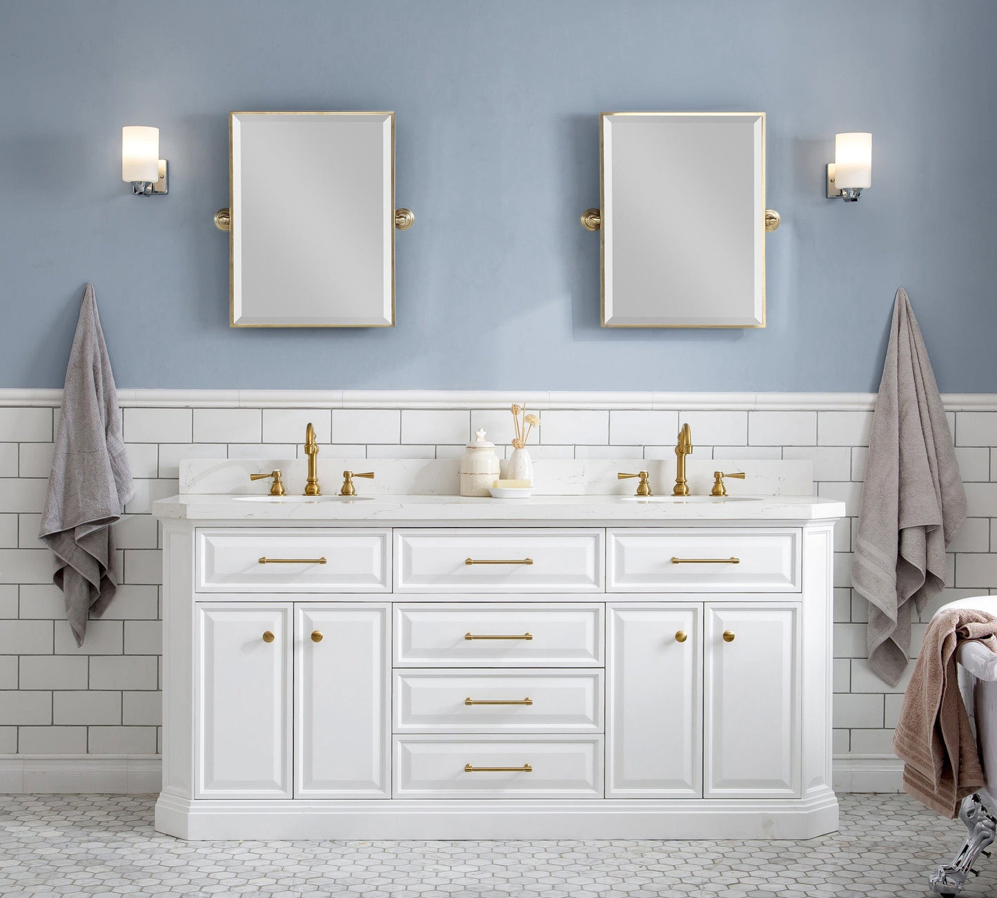 Water Creation PA72QZ06PW-000TL1206 PALACE 72"W x 34"H Pure White Vanity with Carrara Quartz Countertop + Faucets & Mirrors (F2-0012), Satin Gold Finish Hardware & Chrome Finish Mirror (A)