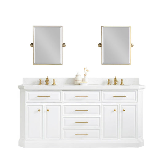 Water Creation PA72QZ06PW-E18FX1306 PALACE 72"W x 34"H Pure White Vanity with Carrara Quartz Countertop + Faucets & Mirrors (F2-0013), Satin Gold Finish Hardware & Chrome Finish Mirror (B)