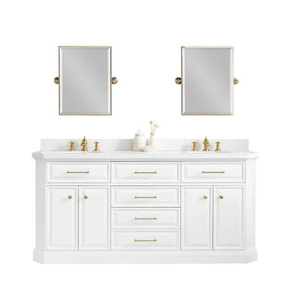 Water Creation PA72QZ06PW-E18FX1306 PALACE 72W x 34H Pure White Vanity with Carrara Quartz Countertop + Faucets & Mirrors (F2-0013), Satin Gold Finish Hardware & Chrome Finish Mirror (B)