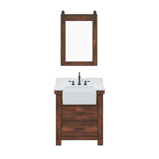 Water Creation PY30CW03RS-P24000000 PAISLEY 31"W x 33"H Sierra Rustic Single-Sink Vanity with Carrara White Marble Countertop + Mirror (B)