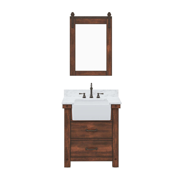 Water Creation PY30CW03RS-P24000000 PAISLEY 31W x 33H Sierra Rustic Single-Sink Vanity with Carrara White Marble Countertop + Mirror (B)