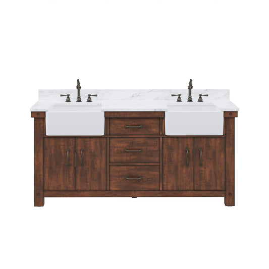 Water Creation PY72CW03RS-000TL1203 PAISLEY 72"W x 33"H Sierra Rustic Double-Sink Vanity with Carrara White Marble Countertop + Hook Faucet