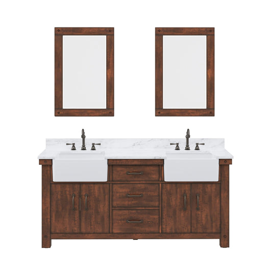 Water Creation PY72CW03RS-A24000000 PAISLEY 72"W x 33"H Sierra Rustic Double-Sink Vanity with Carrara White Marble Countertop + Mirror (A)