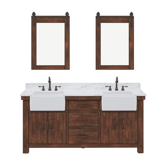 Water Creation PY72CW03RS-P24000000 PAISLEY 72"W x 33"H Sierra Rustic Double-Sink Vanity with Carrara White Marble Countertop + Mirror (B)