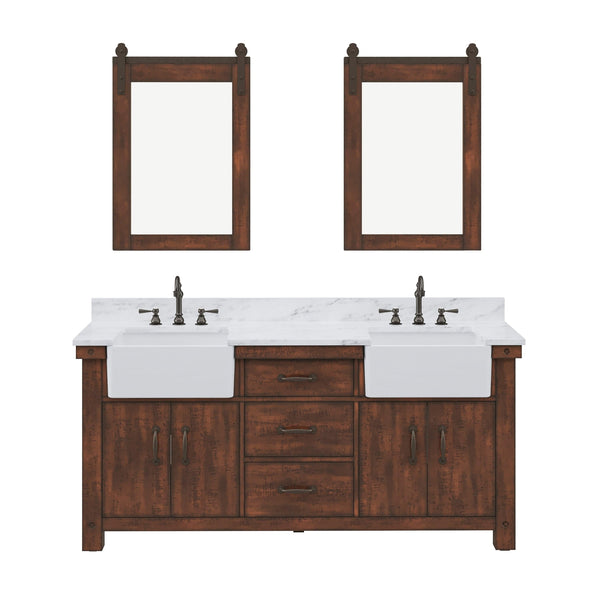 Water Creation PY72CW03RS-P24000000 PAISLEY 72W x 33H Sierra Rustic Double-Sink Vanity with Carrara White Marble Countertop + Mirror (B)