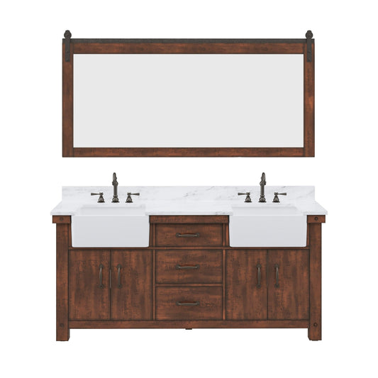 Water Creation PY72CW03RS-P72TL1203 PAISLEY 72"W x 33"H Sierra Rustic Double-Sink Vanity with Carrara White Marble Countertop + Hook Faucet and Mirror (C)