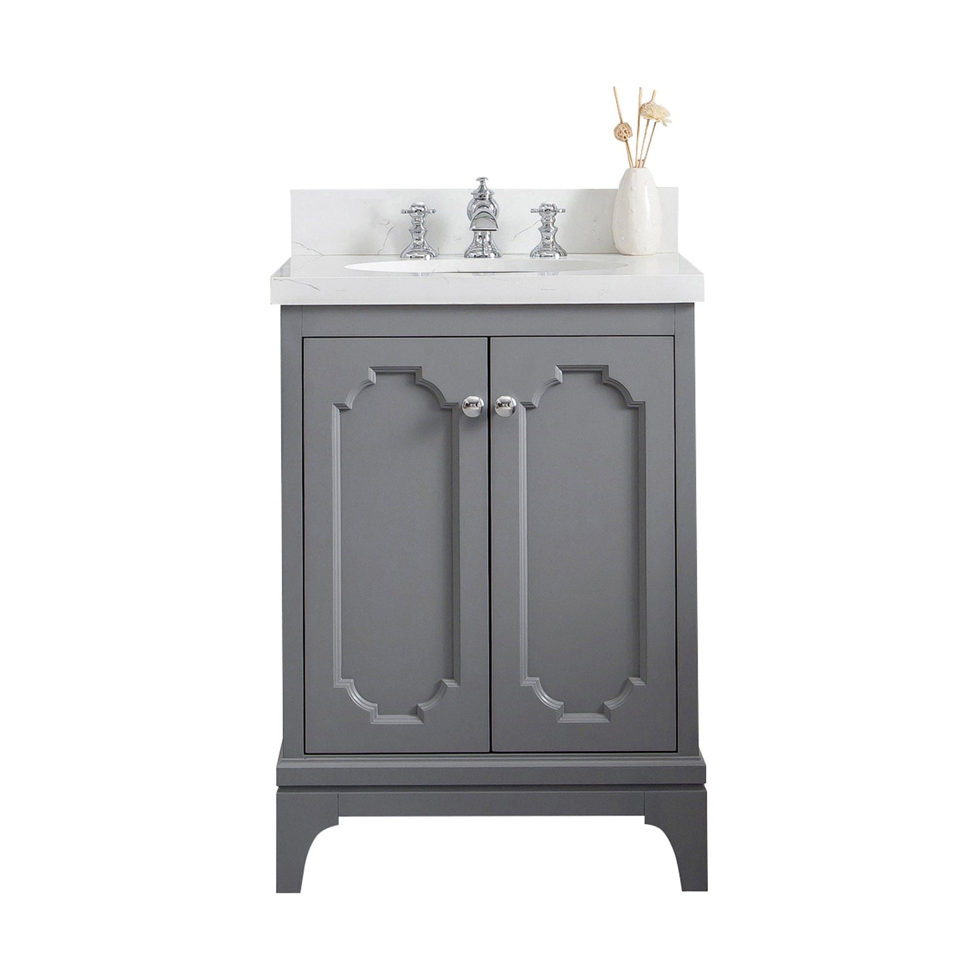 Water Creation QU24QZ01CG-000FX1301 QUEEN 24"W x 34"H Cashmere Gray Single-Sink Vanity with Carrara Quartz Countertop + Faucets (F2-0013)