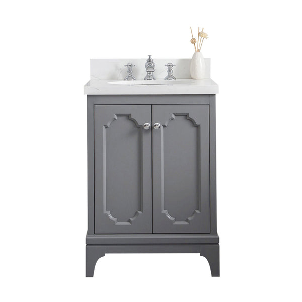 Water Creation QU24QZ01CG-000FX1301 QUEEN 24W x 34H Cashmere Gray Single-Sink Vanity with Carrara Quartz Countertop + Faucets (F2-0013)