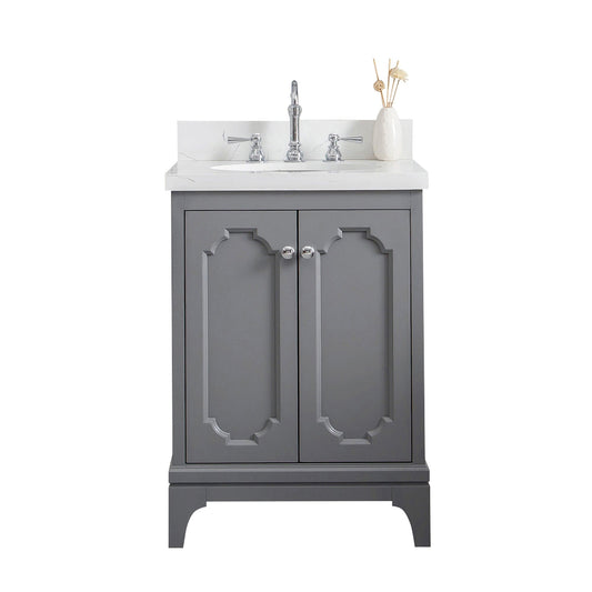 Water Creation QU24QZ01CG-000TL1201 QUEEN 24"W x 34"H Cashmere Gray Single-Sink Vanity with Carrara Quartz Countertop + Faucets (F2-0012-01-TL)