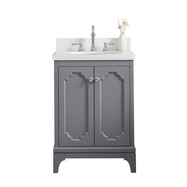 Water Creation QU24QZ01CG-000TL1201 QUEEN 24W x 34H Cashmere Gray Single-Sink Vanity with Carrara Quartz Countertop + Faucets (F2-0012-01-TL)