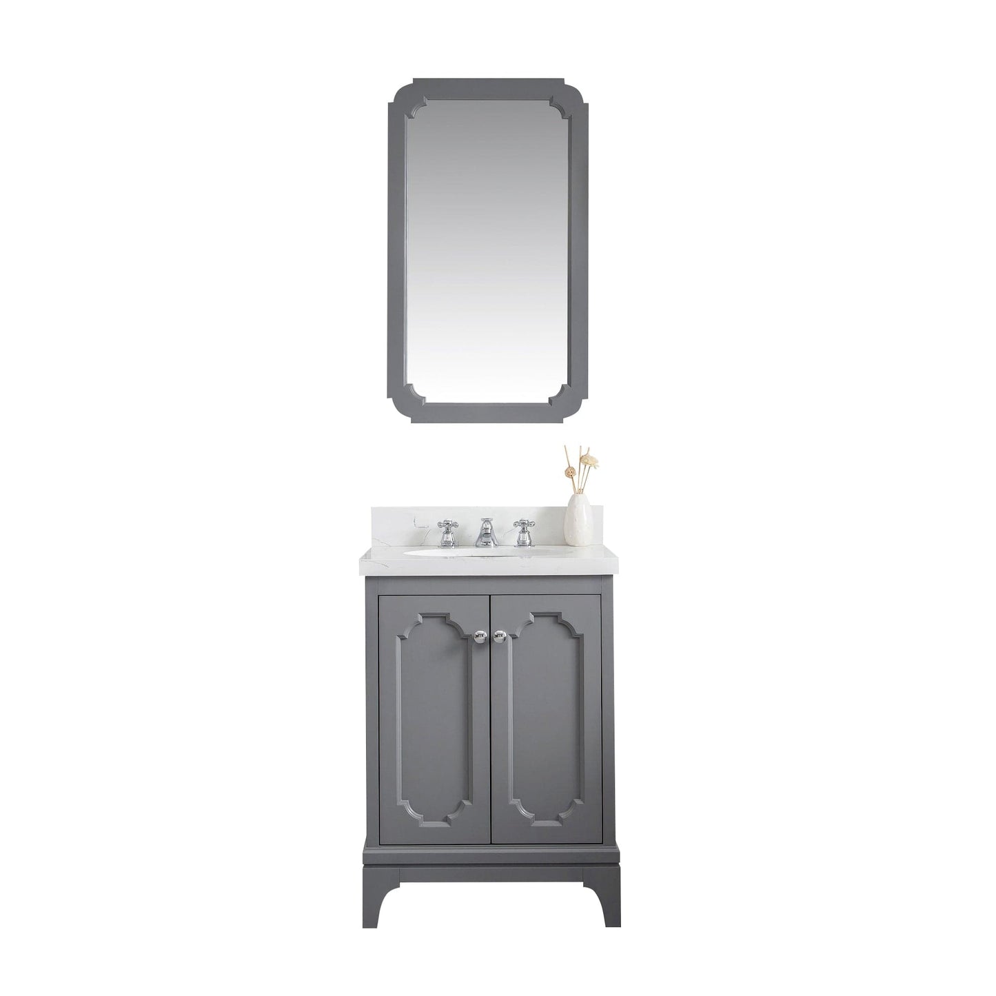 Water Creation QU24QZ01CG-Q21000000 QUEEN 24"W x 34"H Cashmere Gray Single-Sink Vanity with Carrara Quartz Countertop + Mirror