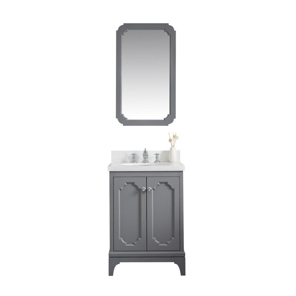 Water Creation QU24QZ01CG-Q21FX1301 QUEEN 24W x 34H Cashmere Gray Single-Sink Vanity with Carrara Quartz Countertop + Faucets & Mirror (F2-0013)