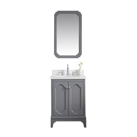 Water Creation QU24QZ01CG-Q21TL1201 QUEEN 24"W x 34"H Cashmere Gray Single-Sink Vanity with Carrara Quartz Countertop + Faucets & Mirror (F2-0012-01-TL)