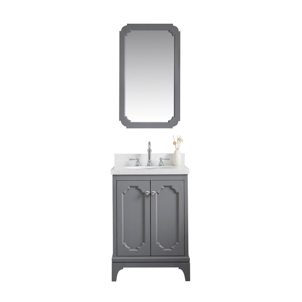 Water Creation QU24QZ01CG-Q21TL1201 QUEEN 24W x 34H Cashmere Gray Single-Sink Vanity with Carrara Quartz Countertop + Faucets & Mirror (F2-0012-01-TL)