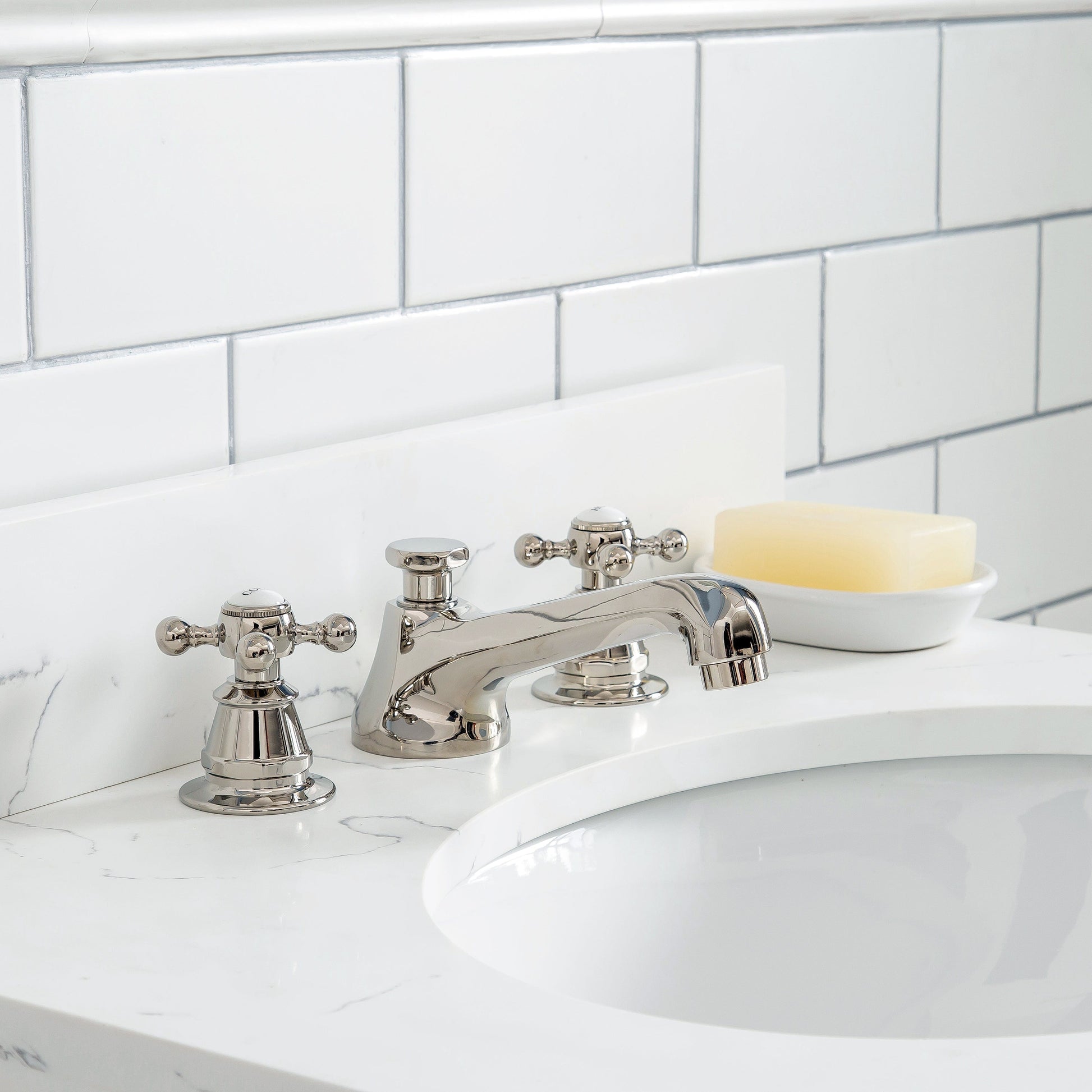 Water Creation QU24QZ05PW-000BX0905 QUEEN 24"W x 34"H Pure White Single-Sink Vanity with Carrara Quartz Countertop + Faucets (F2-0009)