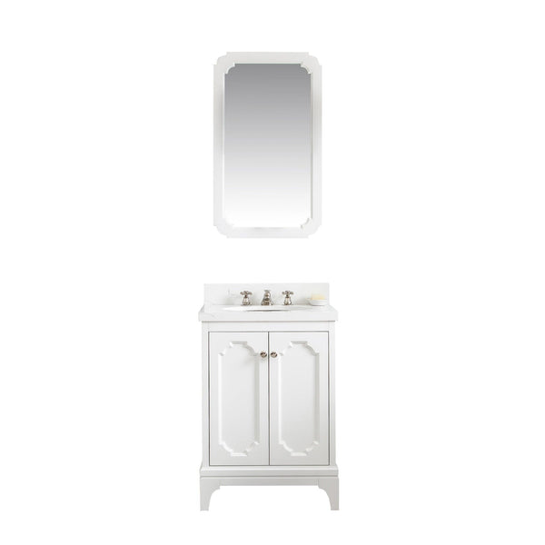 Water Creation QU24QZ05PW-Q21000000 QUEEN 24W x 34H Pure White Single-Sink Vanity with Carrara Quartz Countertop + Mirror