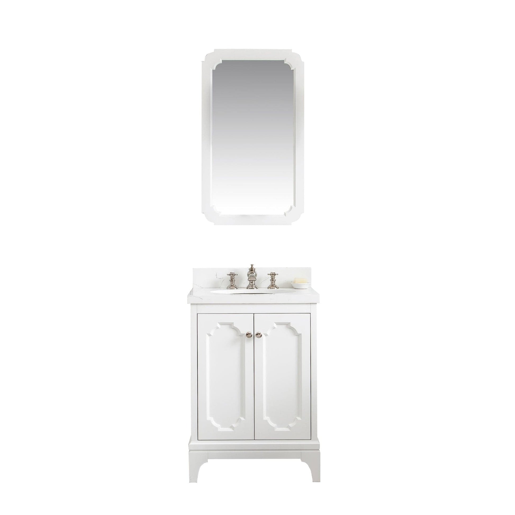Water Creation QU24QZ05PW-Q21FX1305 QUEEN 24"W x 34"H Pure White Single-Sink Vanity with Carrara Quartz Countertop + Faucets & Mirror (F2-0013)