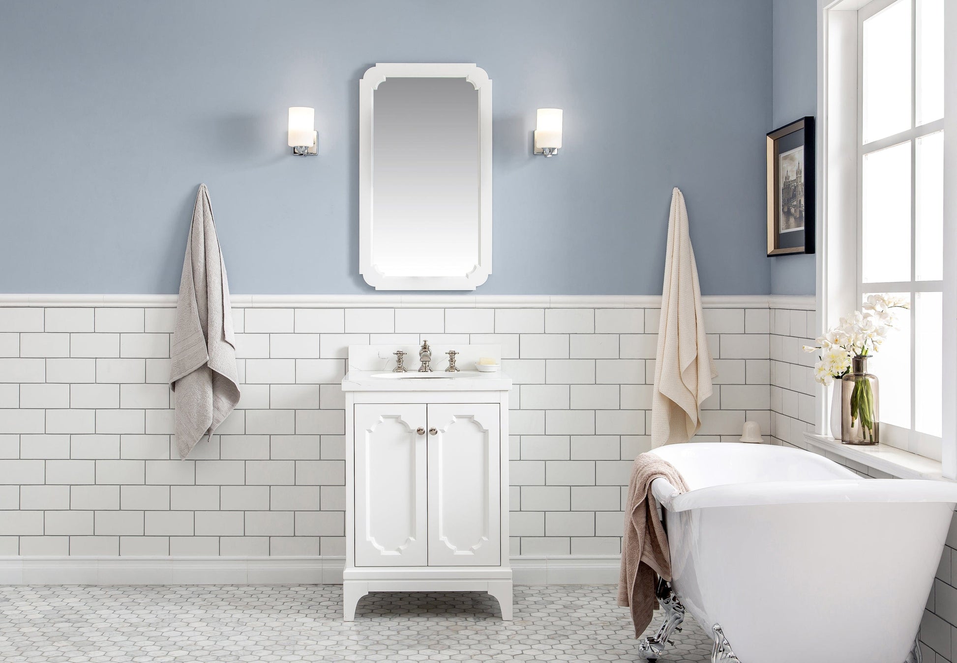 Water Creation QU24QZ05PW-Q21FX1305 QUEEN 24"W x 34"H Pure White Single-Sink Vanity with Carrara Quartz Countertop + Faucets & Mirror (F2-0013)