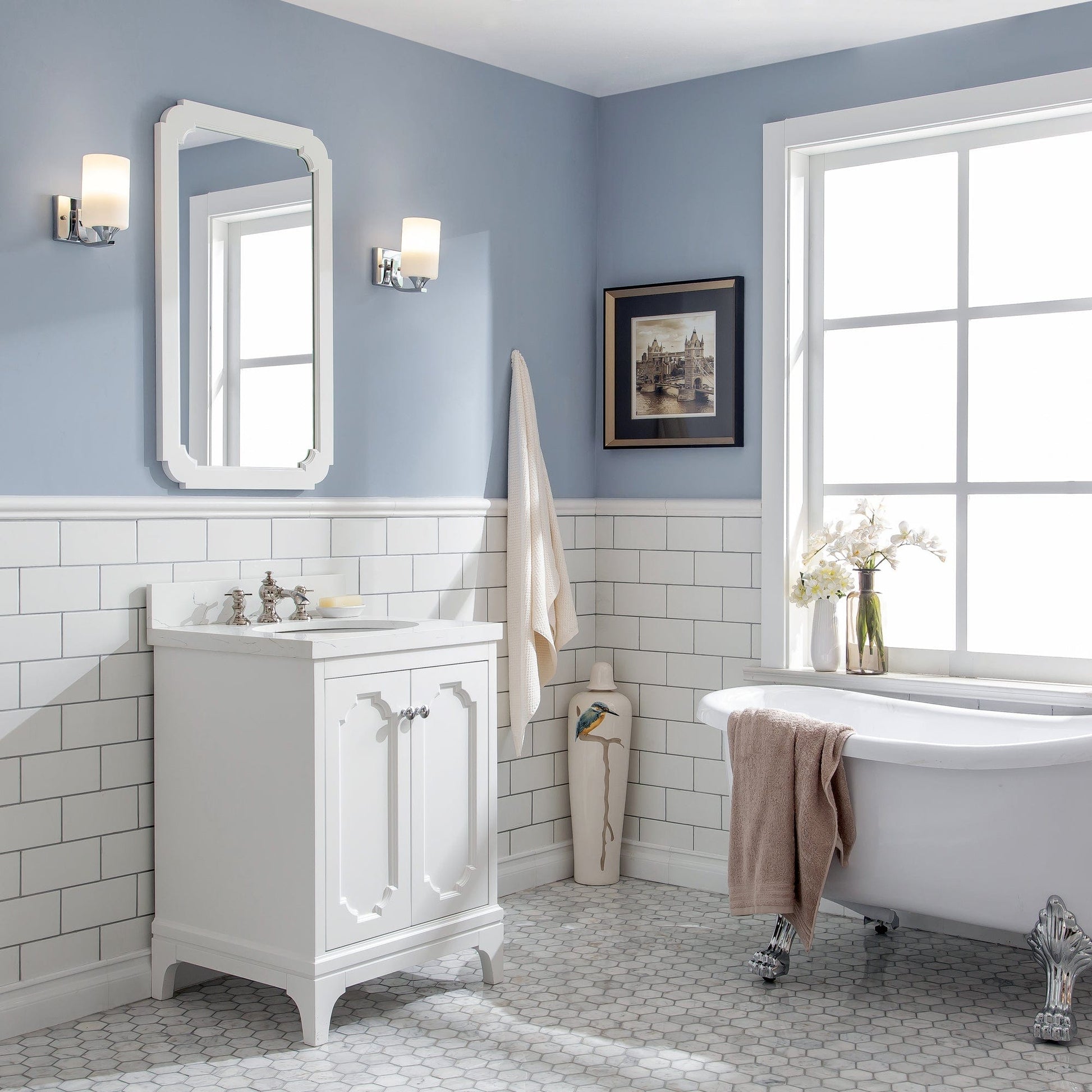 Water Creation QU24QZ05PW-Q21FX1305 QUEEN 24"W x 34"H Pure White Single-Sink Vanity with Carrara Quartz Countertop + Faucets & Mirror (F2-0013)