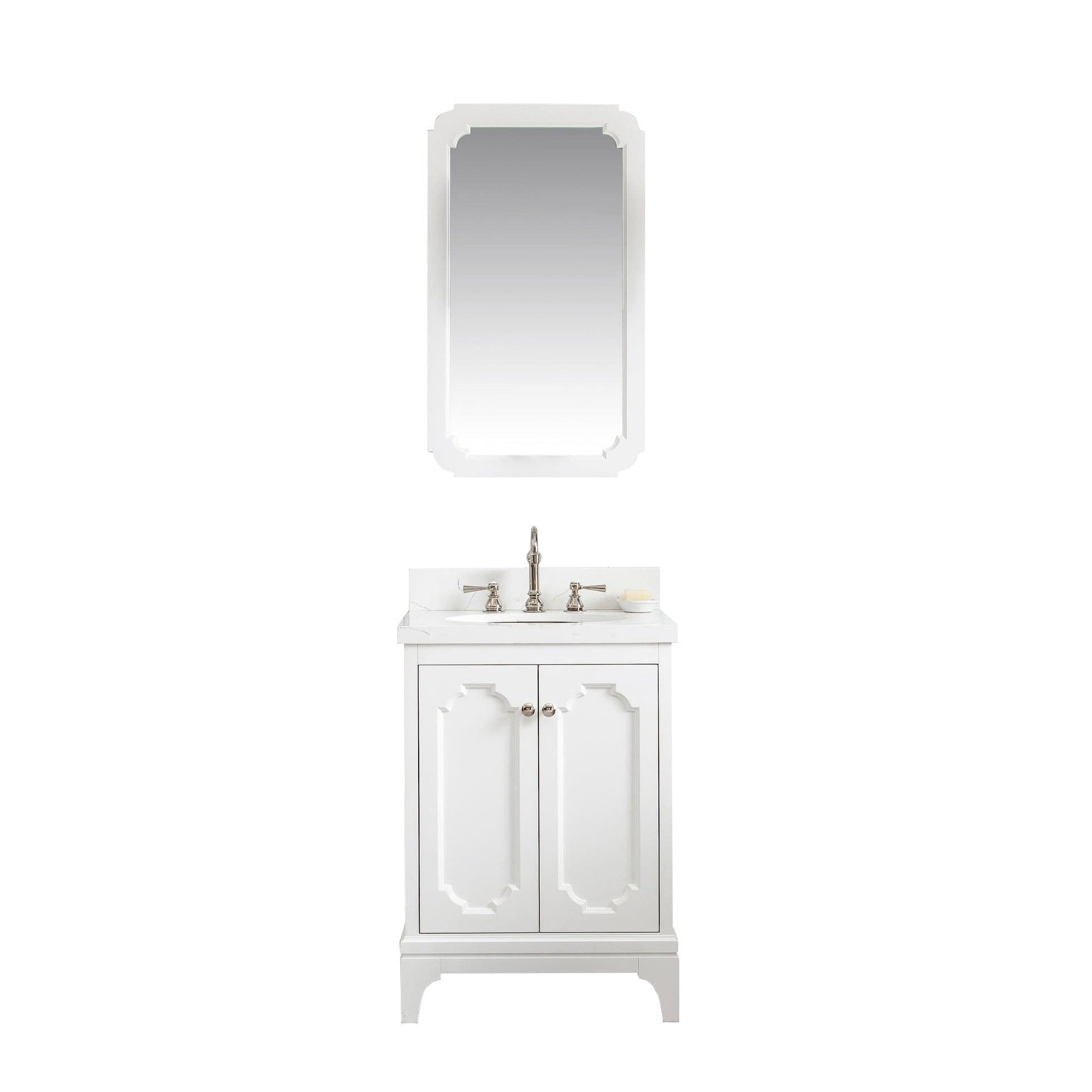 Water Creation QU24QZ05PW-Q21TL1205 QUEEN 24"W x 34"H Pure White Single-Sink Vanity with Carrara Quartz Countertop + Faucets & Mirror (F2-0012)