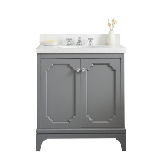 Water Creation QU30QZ01CG-000BX0901 QUEEN 30"W x 34"H Cashmere Gray Single-Sink Vanity with Carrara Quartz Countertop + Faucets (F2-0009-01-BX)