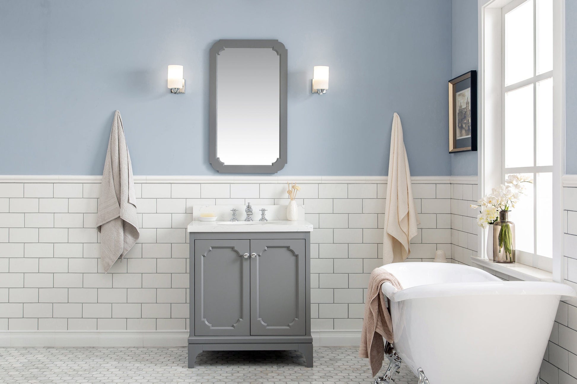 Water Creation QU30QZ01CG-000FX1301 QUEEN 30"W x 34"H Cashmere Gray Single-Sink Vanity with Carrara Quartz Countertop + Faucets (F2-0013)