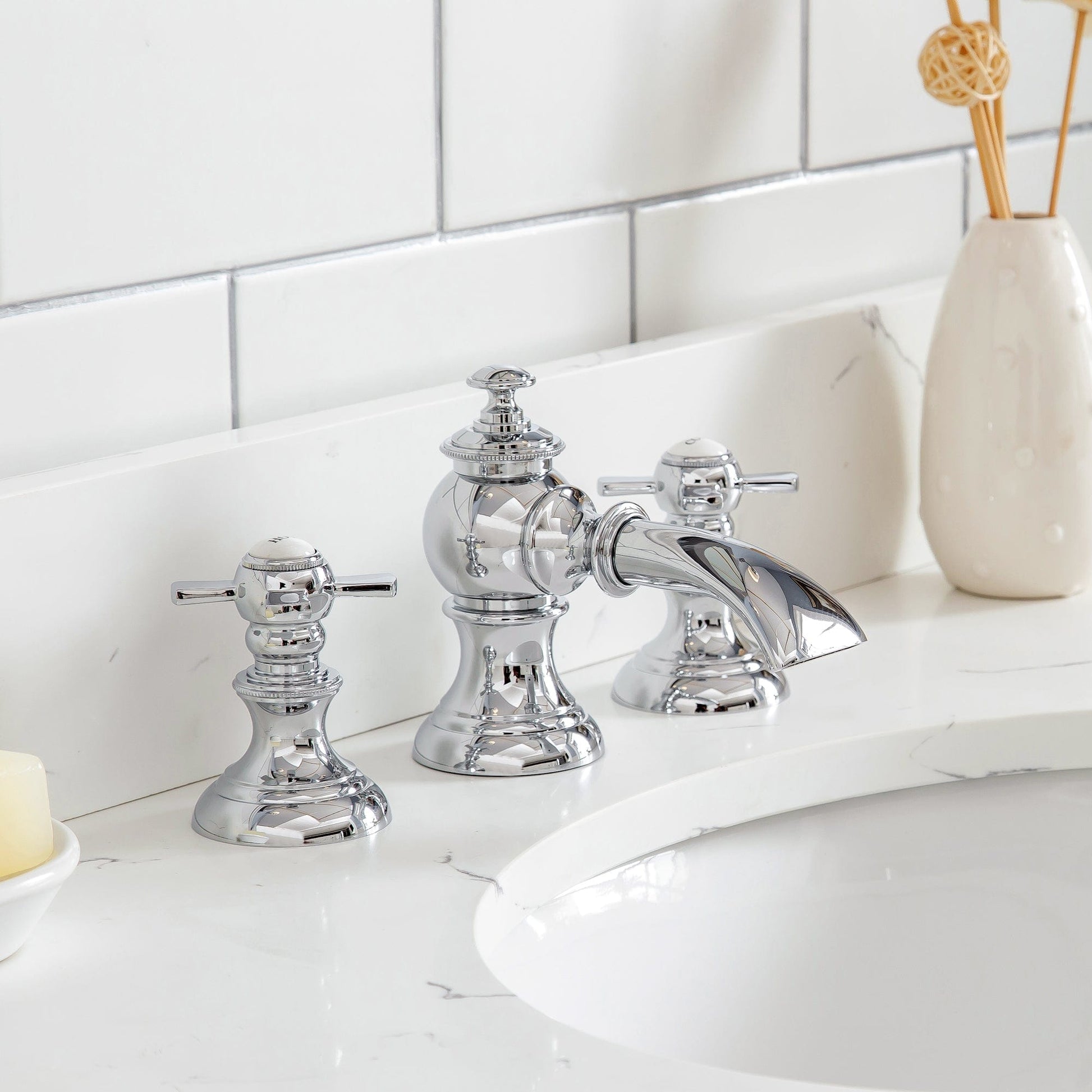 Water Creation QU30QZ01CG-000FX1301 QUEEN 30"W x 34"H Cashmere Gray Single-Sink Vanity with Carrara Quartz Countertop + Faucets (F2-0013)