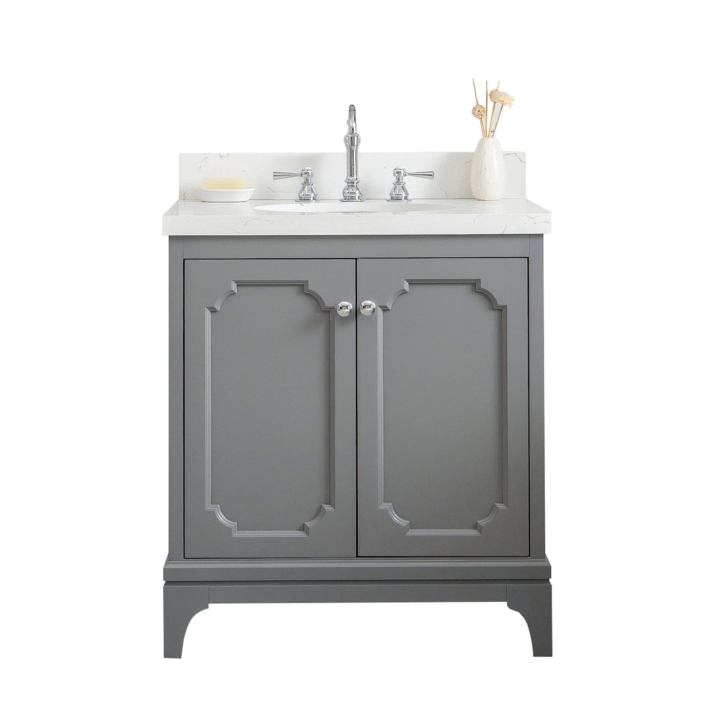 Water Creation QU30QZ01CG-000TL1201 QUEEN 30"W x 34"H Cashmere Gray Single-Sink Vanity with Carrara Quartz Countertop + Faucets (F2-0012-01-TL)