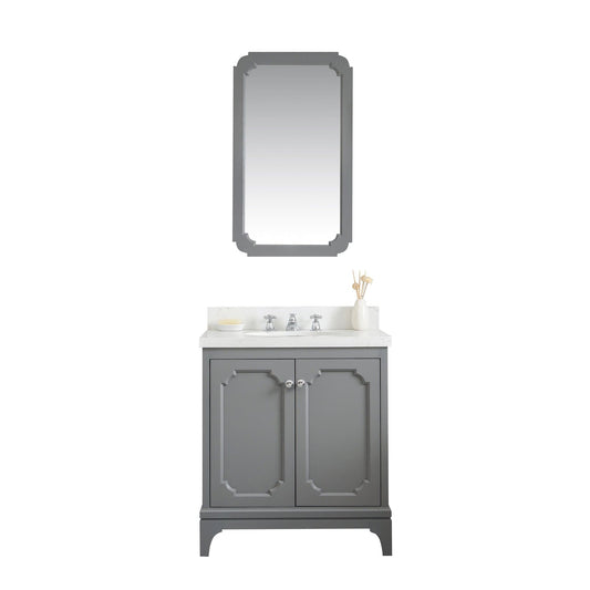 Water Creation QU30QZ01CG-Q21BX0901 QUEEN 30"W x 34"H Cashmere Gray Single-Sink Vanity with Carrara Quartz Countertop + Faucets & Mirror (F2-0009-01-BX)