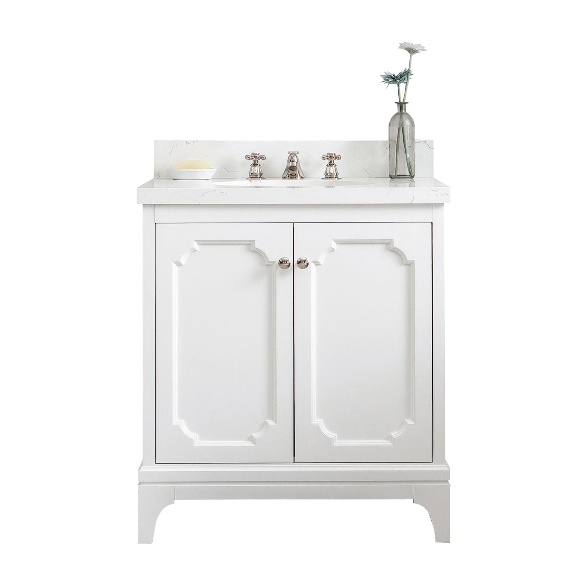 Water Creation QU30QZ05PW-000BX0905 QUEEN 30"W x 34"H Pure White Single-Sink Vanity with Carrara Quartz Countertop + Faucets (F2-0009)