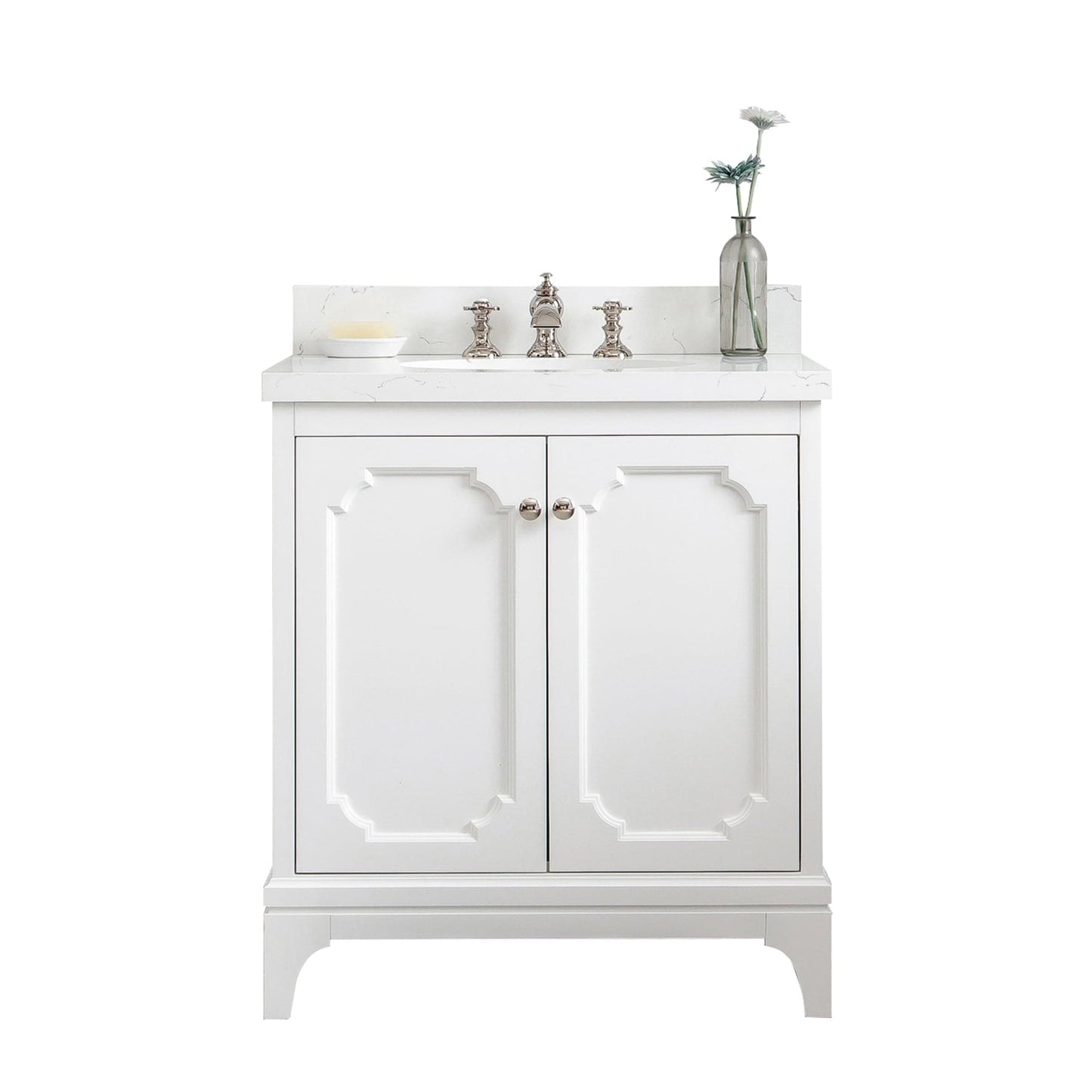 Water Creation QU30QZ05PW-000FX1305 QUEEN 30"W x 34"H Pure White Single-Sink Vanity with Carrara Quartz Countertop + Faucets (F2-0013)