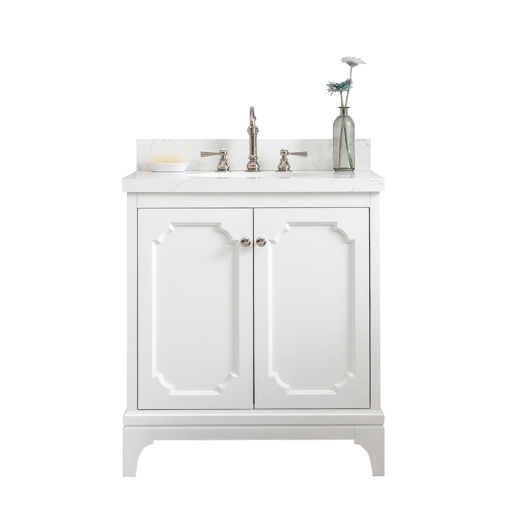 Water Creation QU30QZ05PW-000TL1205 QUEEN 30"W x 34"H Pure White Single-Sink Vanity with Carrara Quartz Countertop + Faucets (F2-0012)