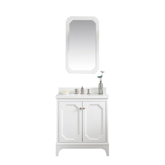 Water Creation QU30QZ05PW-Q21FX1305 QUEEN 30"W x 34"H Pure White Single-Sink Vanity with Carrara Quartz Countertop + Faucets & Mirror (F2-0013)