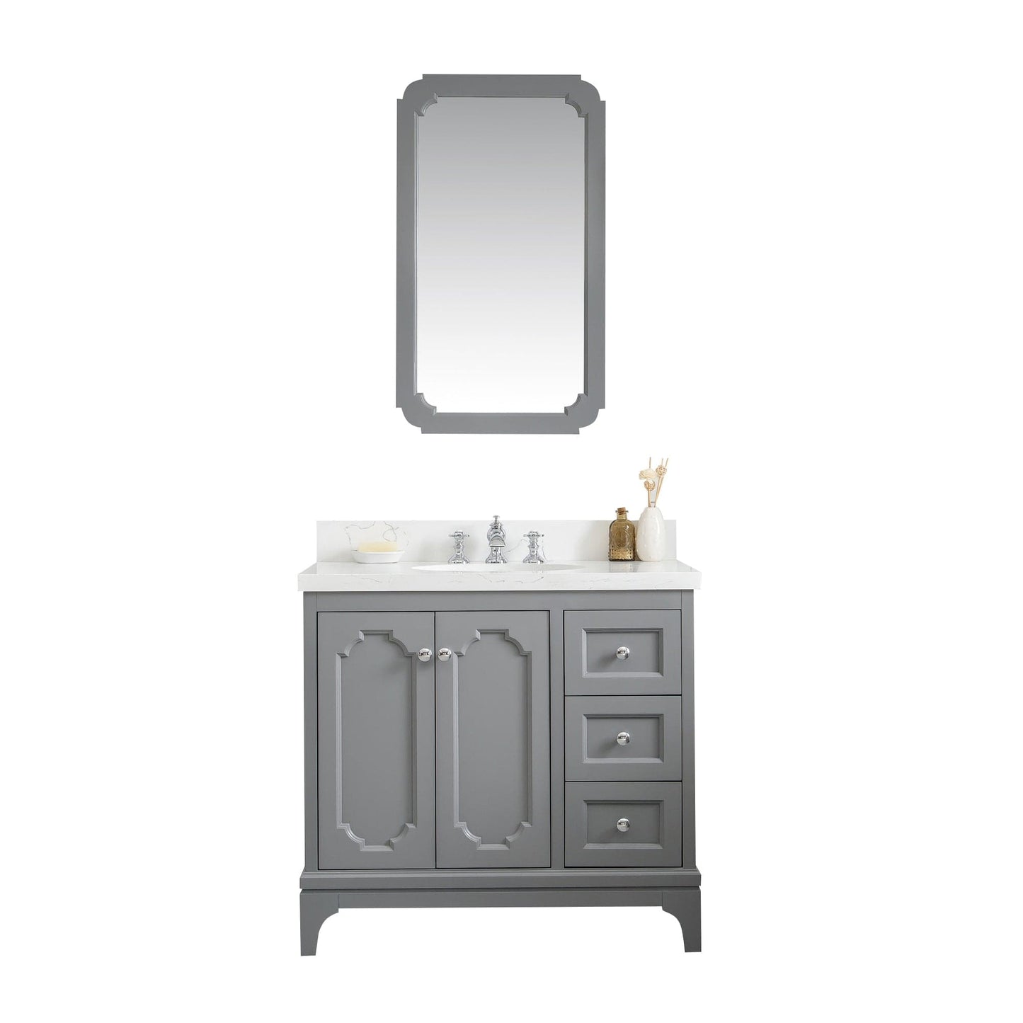 Water Creation QU36QZ01CG-Q21FX1301 QUEEN 36"W x 34"H Cashmere Gray Single-Sink Vanity with Carrara Quartz Countertop + Faucets & Mirror (F2-0013)