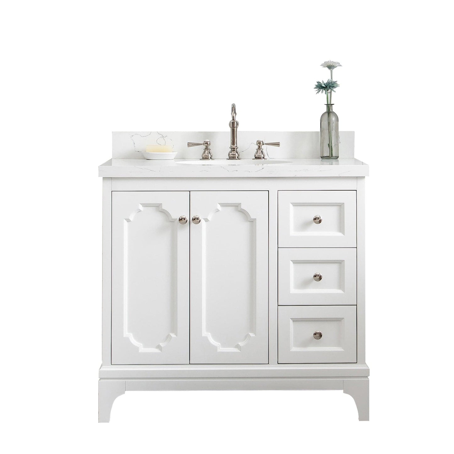 Water Creation QU36QZ05PW-000TL1205 QUEEN 36"W x 34"H Pure White Single-Sink Vanity with Carrara Quartz Countertop + Faucets (F2-0012)