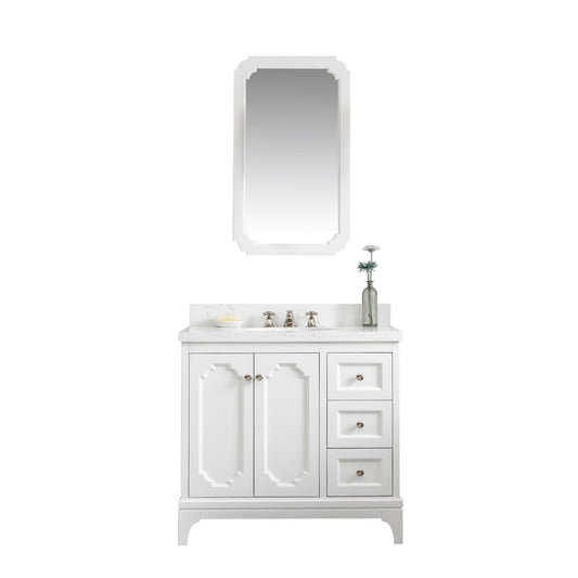 Water Creation QU36QZ05PW-Q21BX0905 QUEEN 36"W x 34"H Pure White Single-Sink Vanity with Carrara Quartz Countertop + Faucets & Mirror (F2-0009)