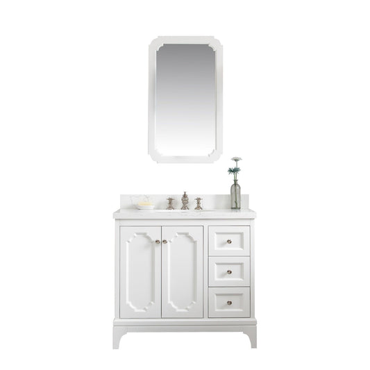 Water Creation QU36QZ05PW-Q21FX1305 QUEEN 36"W x 34"H Pure White Single-Sink Vanity with Carrara Quartz Countertop + Faucets & Mirror (F2-0013)